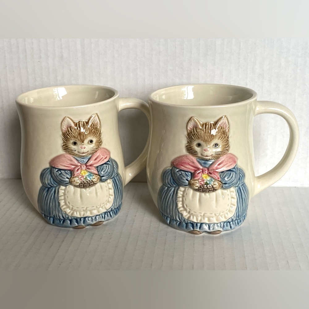 Vintage Otagiri Mrs Whiskers Raised Cat Japan Mug Set